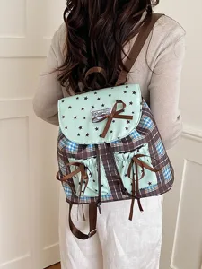 Zaino a quadri con stelle verde menta per donne studentesse, fiocco elegante borsa casual