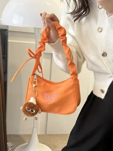 Borsa a Tracolla Casual da Donna in Tessuto Oxford Stile Coreano Borsa Sottoascellare Manico Plissettato Ricamo Farfalla Borsa a Mano