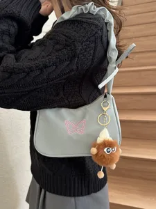 Borsa a tracolla casual da donna, elegante borsa sotto ascella con cinturino a volant e ricamo.