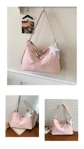Pink polka dot commuter shoulder tote bag for women, stylish large capacity daily handbag.