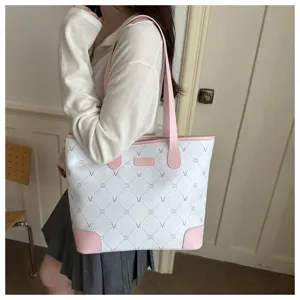 Large capacity women tote bag stylish pink and white commuter shoulder bag for college