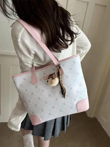 Large capacity women's tote bag with pink trim, stylish commuter shoulder bag for daily use.