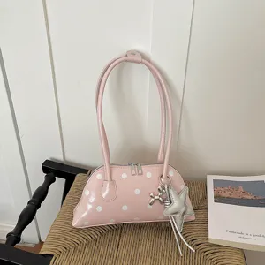 Roze stippen okseltas, stijlvolle mode lederen schouderhandtas met leuke bedels.