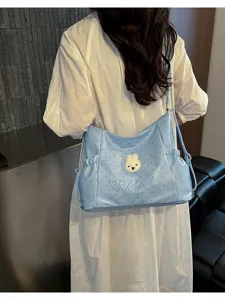 Borsa a tracolla blu minimalista con ricamo di coniglio e pois per donna.