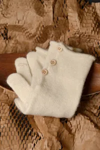 Mitones de punto beige acogedores para mujer guantes de invierno cálidos con botones de madera.