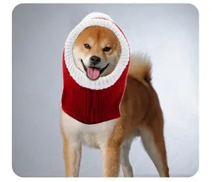 Detail view of red white knitted pet hat, festive Christmas holiday costume headwear for dogs cats.