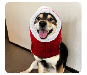 Details of the cute pet knitted hat in red and white, perfect for dogs and cats costume.