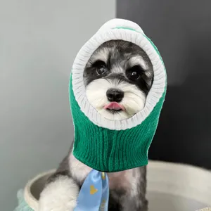 Cute pet knitted hood for dogs and cats, green and white winter warm pet hat costume.
