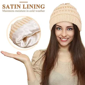 Unisex Warm Knit Hat Satin Lined Winter Beanie Windproof Slouchy Skull Cap Fashion Solid Color Outdoor Hat