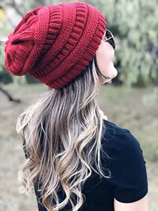 Red knitted slouchy beanie hat for women warm winter windproof casual daily wear fashion accessory