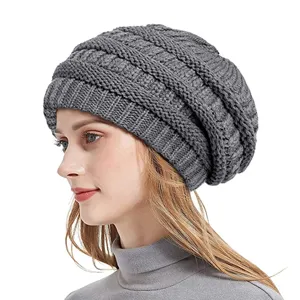 Stylish grey cable knit slouchy beanie hat for women, warm winter windproof casual headwear.