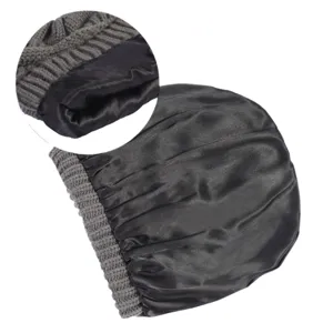 Warm windproof slouchy knit beanie hat with smooth satin lining for women and winter outdoor wear.