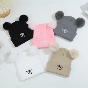 Cute Baby Knit Beanie Hat Double Pom Pom Warm Winter Hat Infant Double Heart Embroidery Thermal Cap For Kids