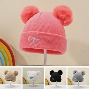 Cute baby knit hat with double pom poms and heart embroidery warm winter beanie cap for infants