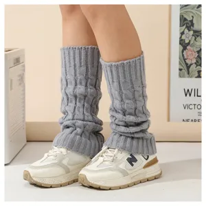 Damen Zopfmuster Stulpen Winter warme Schlauchsocken Mode Stiefelstulpen grau kuschelig