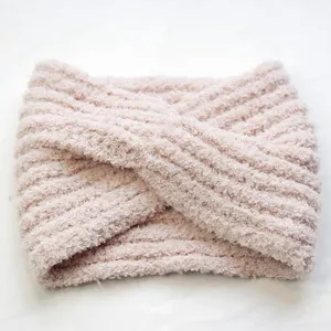 Bandeau tricoté en peluche rose doux, bandeau polaire chaud d'hiver pour femmes et quotidien.