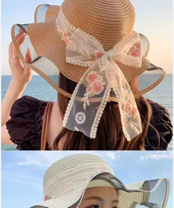 Chapeau de paille d'ete pour femme avec ruban brode de fleurs et large bord en maille