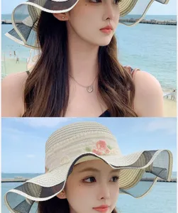 Details du chapeau de paille pour femme avec bord en filet pour les vacances d'ete.