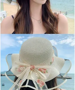 Chapeau de paille femme ruban dentelle florale large bord vacances plage detail