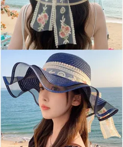 Chapeau de paille femme large bord ruban dentelle florale plage ete detail elegance