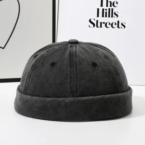 Unisex Vintage Washed Denim Docker Hat Retro Rolled Cuff Miki Hat Breathable Streetwear Adjustable Sailor Cap