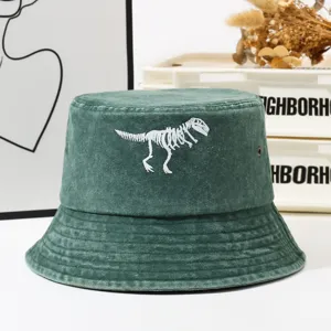 Unisex Washed Cotton Bucket Hat Dinosaur Skeleton Embroidery Casual Outdoor Sun Hat Men Women Fisherman Cap