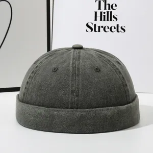 Vintage washed dark grey docker cap, retro street style cotton roll hat for men and women.