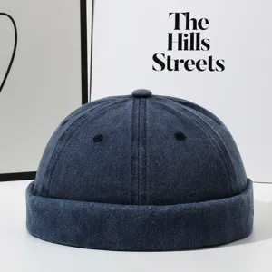 Retro denim docker cap for men and women, washed cotton plain street style retro skull hat main