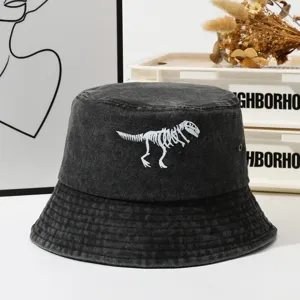 Washed denim bucket hat with white dinosaur skeleton embroidery, outdoor sun hat for men and women.