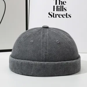 Vintage washed denim docker cap, retro roll-up brimless beanie, casual street fashion hat.