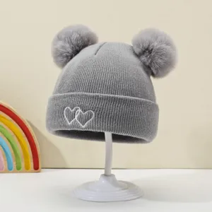 Cute baby knitted beanie hat with double pom pom and cute heart embroidery for infants warm