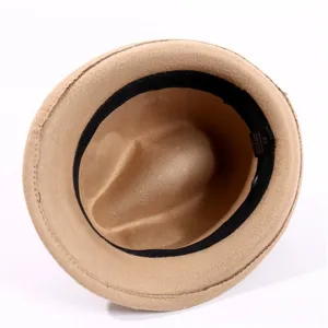 Detailed view of the winter felt fedora hat interior, showing the size 57 and label.