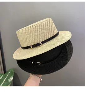 Women flat top straw hat summer beach sun hat elegant braided fedora with belt buckle