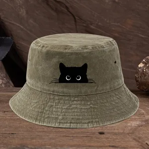 Chapeau bob mignon avec imprimé chat noir pour hommes et femmes, chapeau de soleil vintage.