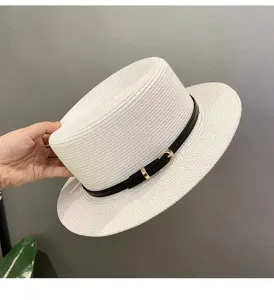 Stylish white straw flat top hat with black belt buckle for summer beach vacation and daily use.