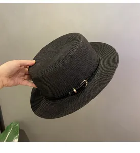Black flat top straw hat with metal buckle elegant chic sun hat beach summer women