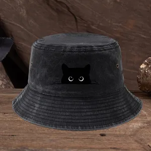 Chapeau Bob Chat Noir en Denim Chapeau de Soleil Loisir Extérieur Imprimé Chat Mignon Homme Femme