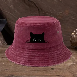 Chapeau de pêcheur imprimé chat noir chapeau de soleil décontracté en coton lavé.