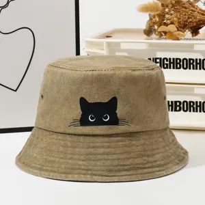Chapeau bob kaki motif chat noir pour femmes et hommes, casquette de protection solaire extérieure.