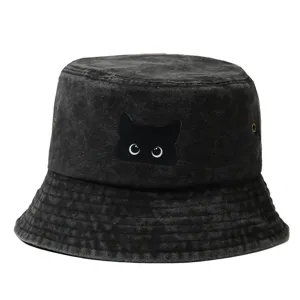 Chapeau bob en denim lavé imprimé chat noir pour protection solaire extérieure