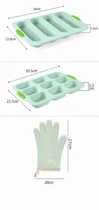 Vista dettagliata con le dimensioni dello stampo per baguette in silicone e del guanto.