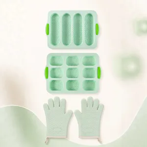 Teglia per baguette in silicone a 4 slot stampo per pane a 9 griglie con 2 guanti da forno verde
