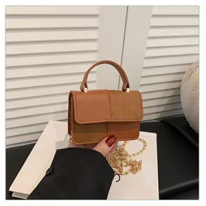 Chic patchwork crossbody handbag with chain strap, stylish commuter small square bag.