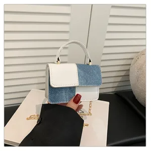 Fashion patchwork women small square bag denim and white PU leather casual handbag with chain strap