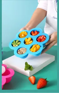 Dettaglio dello stampo per alimenti per neonati in silicone con sette scomparti pieni di frutta.