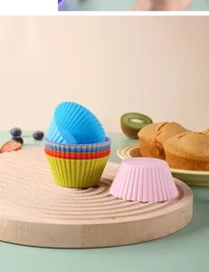 Colorful silicone muffin baking cups detail shot, high temperature resistant cake molds for home.