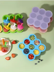 Colorful silicone 9-hole baby food storage container and ice cube mold detail presentation.