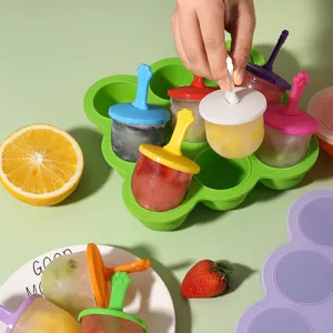 Silicone Ice Cube Tray Baby Food Storage Box Ice Pop Mold With Lid And Sticks Kitchen Baking Tool Multi Color