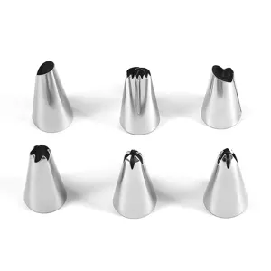 Stainless steel icing piping nozzle set 6pcs for cake decorating and baking DIY tools.