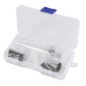 Stainless steel cake piping tips set with storage box, icing nozzles and pastry bags.